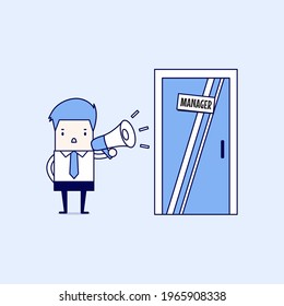 Businessman shouting through megaphone outside manager room. Cartoon character thin line style vector.