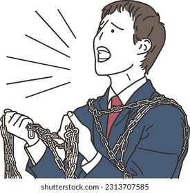 Businessman shouting while restrained by chains