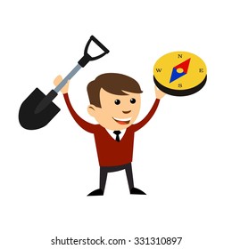 Businessman with a shovel and compass.