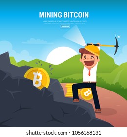 Businessman with shovel and pickaxe working in bitcoin mine. vector illustration