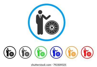 Businessman Show Cardano Coin rounded icon. Style is a flat grey symbol inside light blue circle with additional color versions.