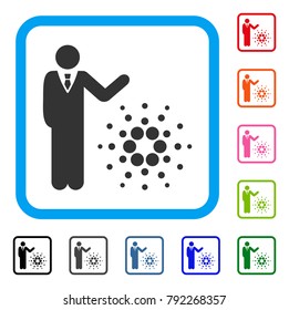 Businessman Show Cardano icon. Flat grey pictogram symbol in a blue rounded square. Black, grey, green, blue, red, orange color additional versions of businessman show cardano vector.