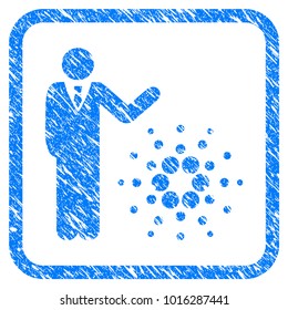 Businessman Show Cardano rubber seal stamp watermark. Icon vector symbol with grunge design and corrosion texture in rounded square frame. Scratched blue sign on a white background.