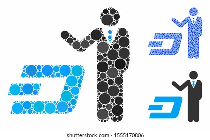 Businessman show Dash composition of spheric dots in different sizes and color tints, based on businessman show Dash icon. Vector dots are combined into blue composition.