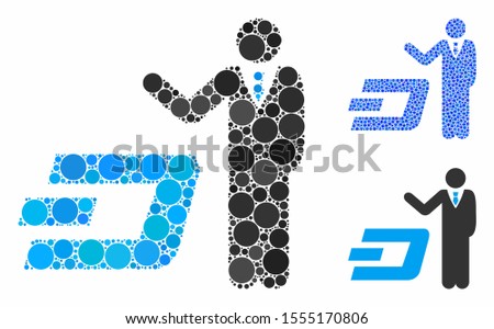Businessman show Dash composition of spheric dots in different sizes and color tints, based on businessman show Dash icon. Vector dots are combined into blue composition.