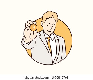  businessman show gold coin, bit coin, BTC, new currency system concept. Hand drawn style vector design illustrations.