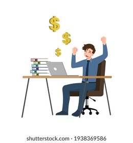 Businessman show happy emotion when he saw a laptop showing good and profitable stock performance and raised hand with floating dollar symbol come up. Flat design illustration vector.
