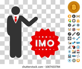 Businessman Show Imo Token icon with bonus bitcoin mining and blockchain symbols. Vector illustration style is flat iconic symbols. Designed for blockchain ui toolbars.