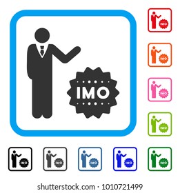 Businessman Show Imo Token icon. Flat gray pictogram symbol inside a blue rounded rectangular frame. Black, grey, green, blue, red, orange color variants of businessman show IMO token vector.