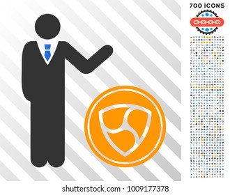 Businessman Show Nem Coin pictograph with 7 hundred bonus bitcoin mining and blockchain icons. Vector illustration style is flat iconic symbols designed for blockchain apps.