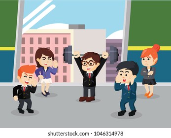 Businessman show off his strength by lifting dumbbell in front of his workmates in the office