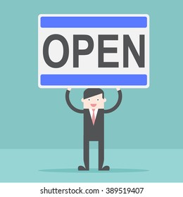 Businessman show open sign Flat design for business financial marketing banking advertising commercial event web minimal concept cartoon illustration.
