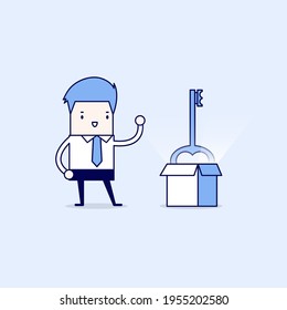 Businessman show the secret key to success that is in the cardboard box. Cartoon character thin line style vector.