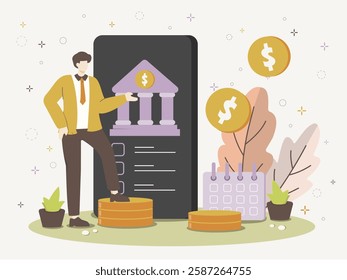 A businessman showcasing banking services while standing on financial coins, accompanied by a calendar and growth elements, rendered in an elegant vector illustration style, perfect for finance