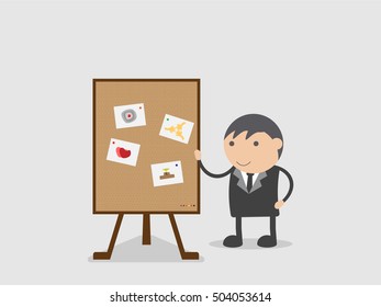 Businessman showed how to number one by plan by have target, collaborate, pay attention. or present result of management. Doodle vector illustration cartoon character abstract concept.