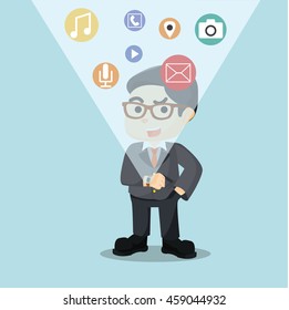 businessman showing application with smartwatch