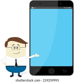 businessman showing big smartphone with empty screen for copy space, presenting new app, message or anything else