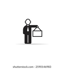 businessman showing blank board icon with shadow on white background