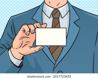 Businessman showing blank business card pinup pop art retro hand drawn vector illustration. Comic book style imitation.