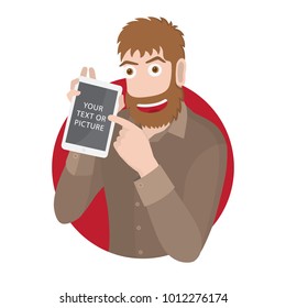 Businessman showing blank digital tablet PC. Vector illustration.