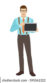 Businessman showing blank digital tablet PC. A man wearing a tie and suspenders. Full length portrait of businessman in a flat style. Vector illustration.