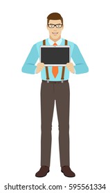 Businessman showing blank digital tablet PC. A man wearing a tie and suspenders. Full length portrait of businessman in a flat style. Vector illustration.