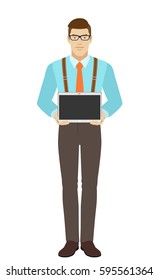 Businessman showing blank digital tablet PC. A man wearing a tie and suspenders. Full length portrait of businessman in a flat style. Vector illustration.