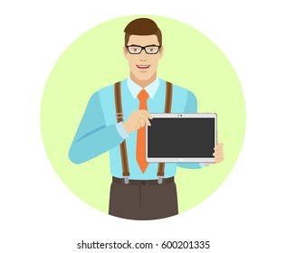 Businessman showing blank digital tablet PC. A man wearing a tie and suspenders. Portrait of businessman in a flat style. Vector illustration.