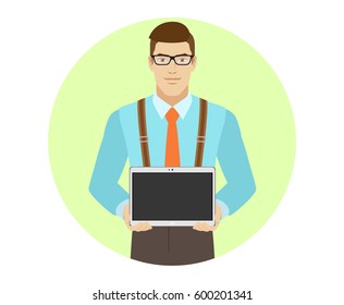  Businessman showing blank digital tablet PC. A man wearing a tie and suspenders. Portrait of businessman in a flat style. Vector illustration.