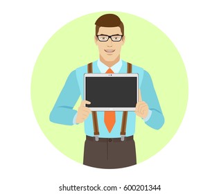 Businessman showing blank digital tablet PC. A man wearing a tie and suspenders. Portrait of businessman in a flat style. Vector illustration.