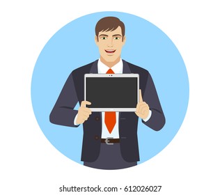 Businessman showing blank digital tablet PC. Portrait of businessman character in a flat style. Vector illustration.