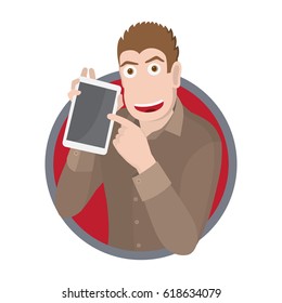 Businessman showing blank digital tablet PC. Vector illustration.