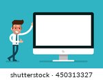 Businessman showing blank modern computer screen, flat style cartoon.