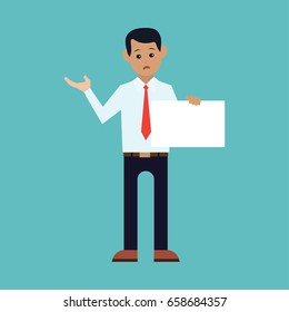 businessman showing blank signboard, with copyspace area for your text or slogan. vector illustration