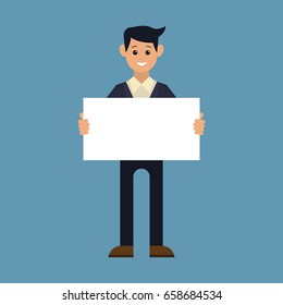 businessman showing blank signboard, with copyspace area for your text or slogan. vector illustration