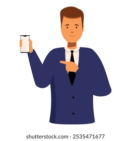 Businessman showing a blank smartphone screen and pointing at it with his finger