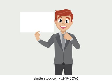 businessman showing blank white poster and pointing finger.