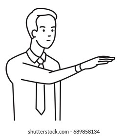 Businessman showing body language with raised hand and gesturing palm down, or face downward, meaning to authority, dominance. Vector character portrait, outline hand draw sketch style.  