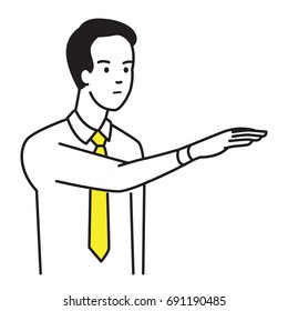 Businessman showing body language with raised hand and gesturing palm down, meaning to aggressive, authority, dominance or unsatisfied. Outline hand draw sketch style, simple design.  
