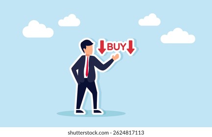 Businessman Showing BUY Text with Downward Red Arrow Illustration of Decreasing Purchasing Power
