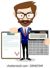 Businessman showing a calculator and  a Document in Which All Approved, vector illustration
