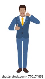 Businessman showing a call me sign and showing thumb up. Full length portrait of Black Business Man in a flat style. Vector illustration.