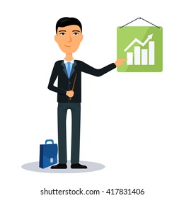 Businessman showing chart presentation. Broker, manager or dealer. Flat vector illustration.
