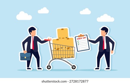 Empresário mostrando documento de lista de verificação para outro empresário empurrando carrinho de compras com caixas empilhadas ilustração de inspeção e verificação de procedimentos operacionais de negócios de logística
