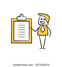 businessman showing clipboard for business plan concept yellow doodle theme