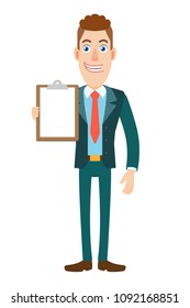 Businessman showing clipboard. Full length portrait of Cartoon Businessman Character. Vector illustration in a flat style.