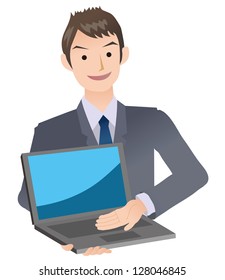 Businessman showing computer screen to explain