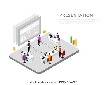 Businessman showing data to people. Vector illustration of group people in business. Good presentaion by man