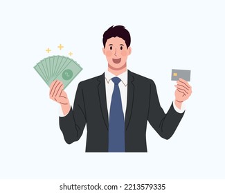 Businessman showing dollar bills and plastic credit card.