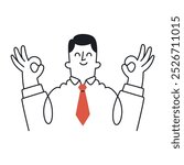 Businessman showing double OK hand gestures symbolizing satisfaction. Doodle style with an editable strike.